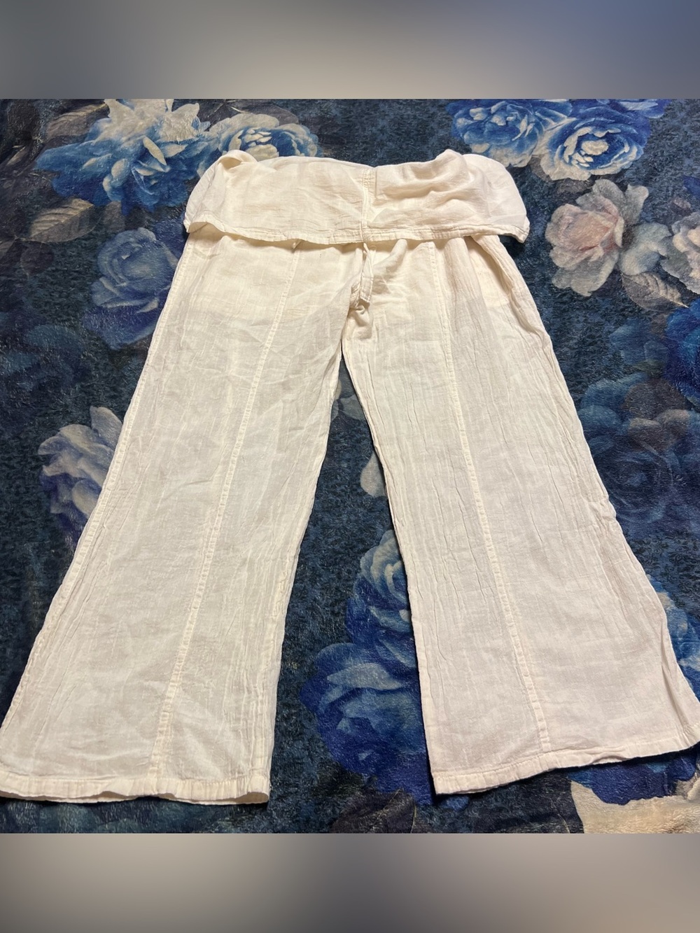 Anthropologie Cream Wide-Leg Linen Pants